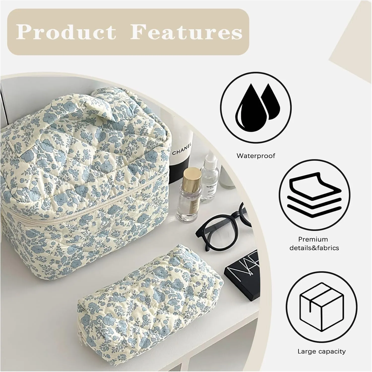 3 PCS Large Quilted Floral Makeup Bag Set - Travel Toiletry Organizer For Women & Girls