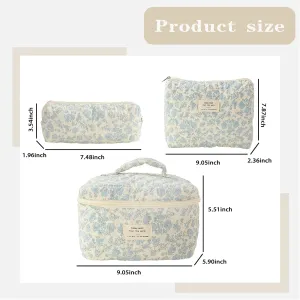 3 PCS Large Quilted Floral Makeup Bag Set - Travel Toiletry Organizer For Women & Girls