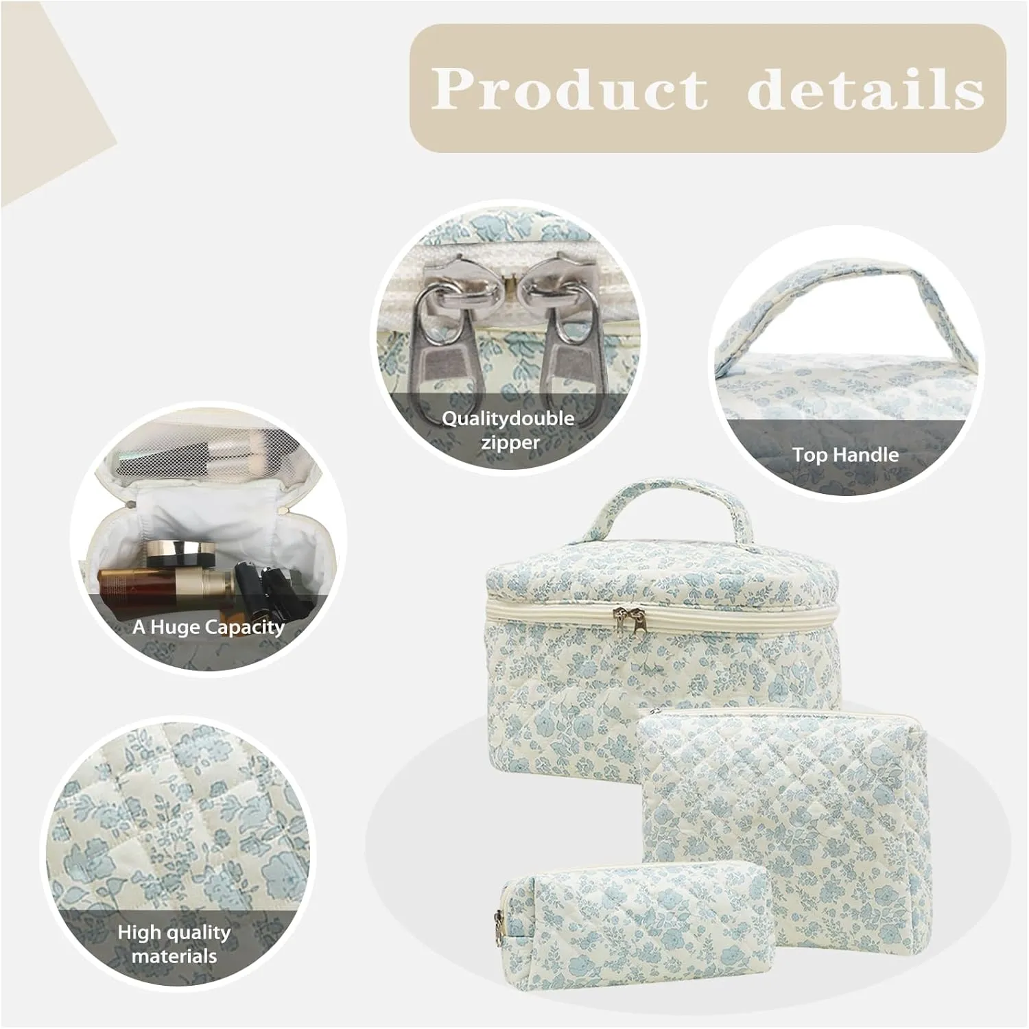 3 PCS Large Quilted Floral Makeup Bag Set - Travel Toiletry Organizer For Women & Girls