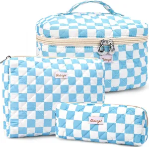 3 Pieces Makeup Bag Large Checkered Cosmetic Bag, Cotton Make Up Bag Travel Toiletry Bag for Mom Girlfriend Wife Women (Blue)