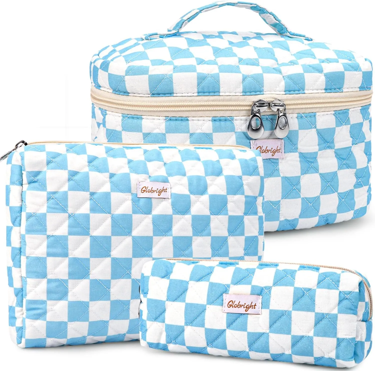 3 Pieces Makeup Bag Large Checkered Cosmetic Bag, Cotton Make Up Bag Travel Toiletry Bag for Mom Girlfriend Wife Women (Blue)