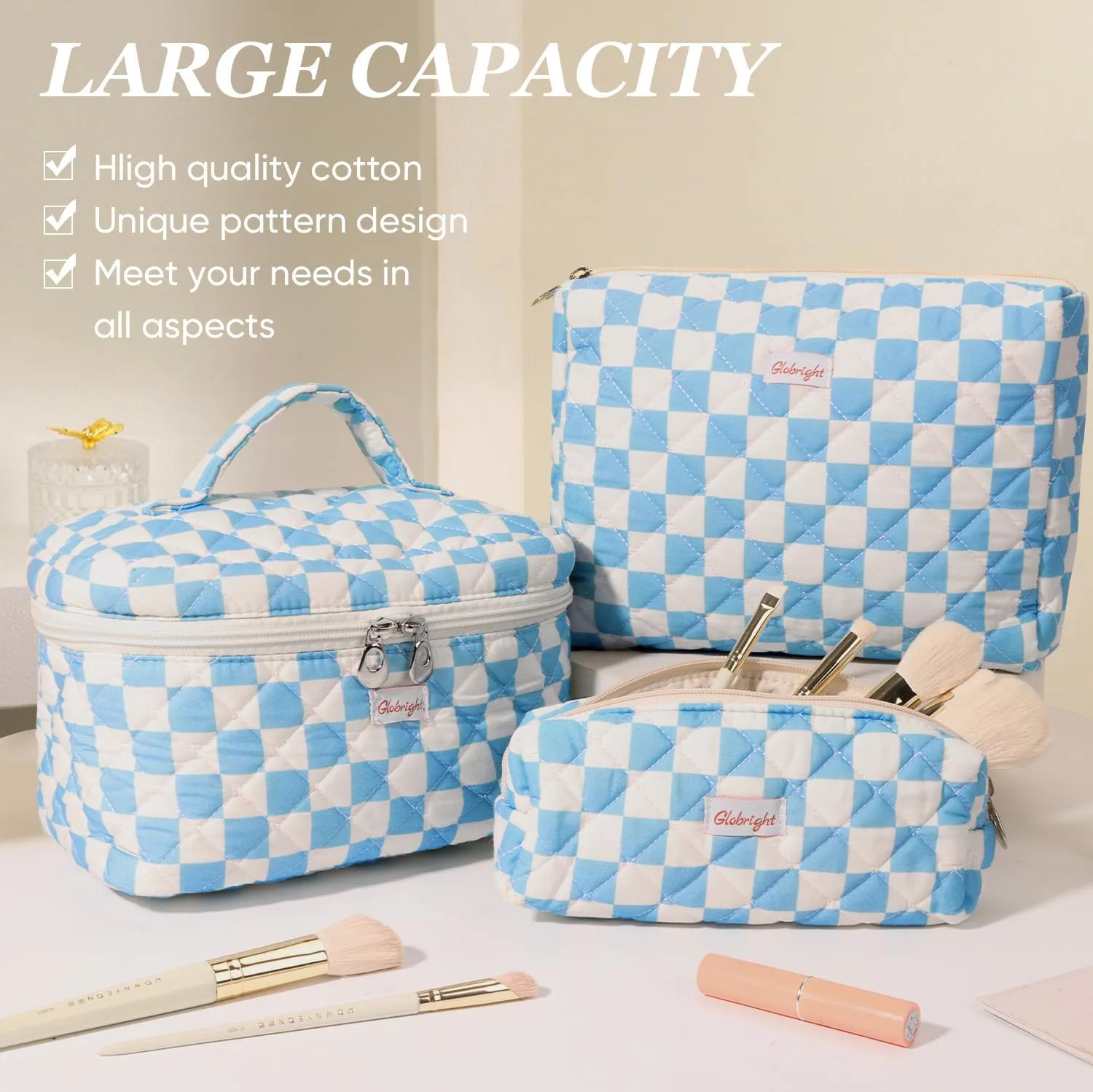 3 Pieces Makeup Bag Large Checkered Cosmetic Bag, Cotton Make Up Bag Travel Toiletry Bag for Mom Girlfriend Wife Women (Blue)
