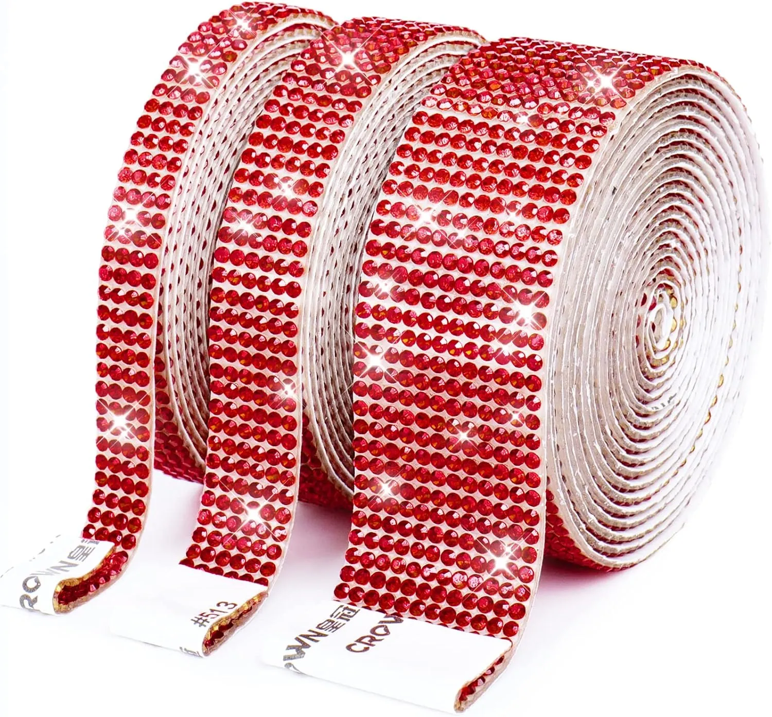 3 Rolls/ 6.6 Yards Self-Adhesive Crystal Rhinestone Diamond Ribbon, Christmas Decoration Rhinestone Sequin Sticker, DIY Car Computer Makeup Table Decoration (Red)