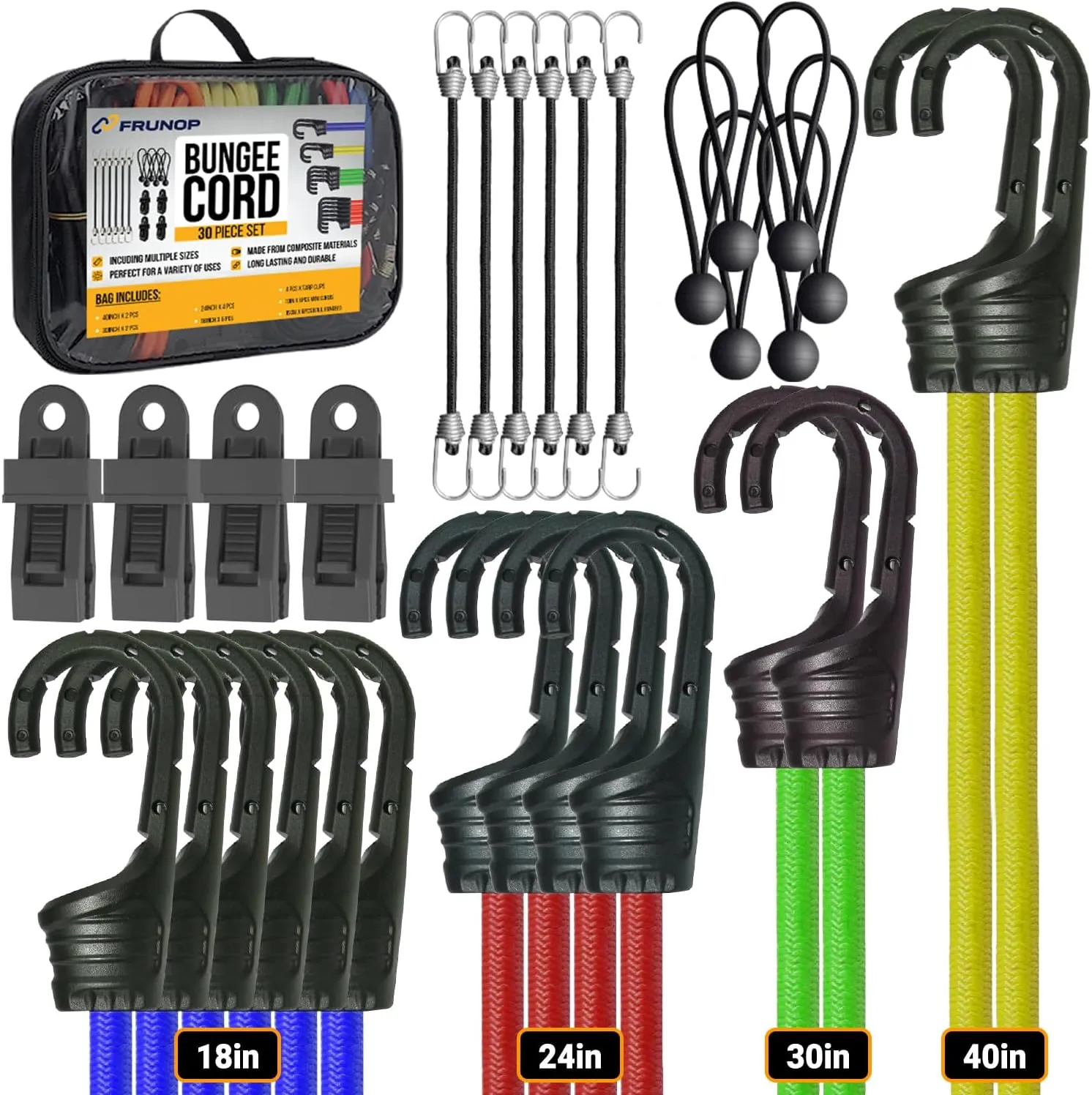 30-Piece Bungee Cord with Hooks – Includes 18", 24", 32", 40" Stretch Cords, 6 Ball Bungees, 4 Tarp Clips, 6 Mini Cords & Storage Bag – Ideal for Home, Garage & Outdoor Use