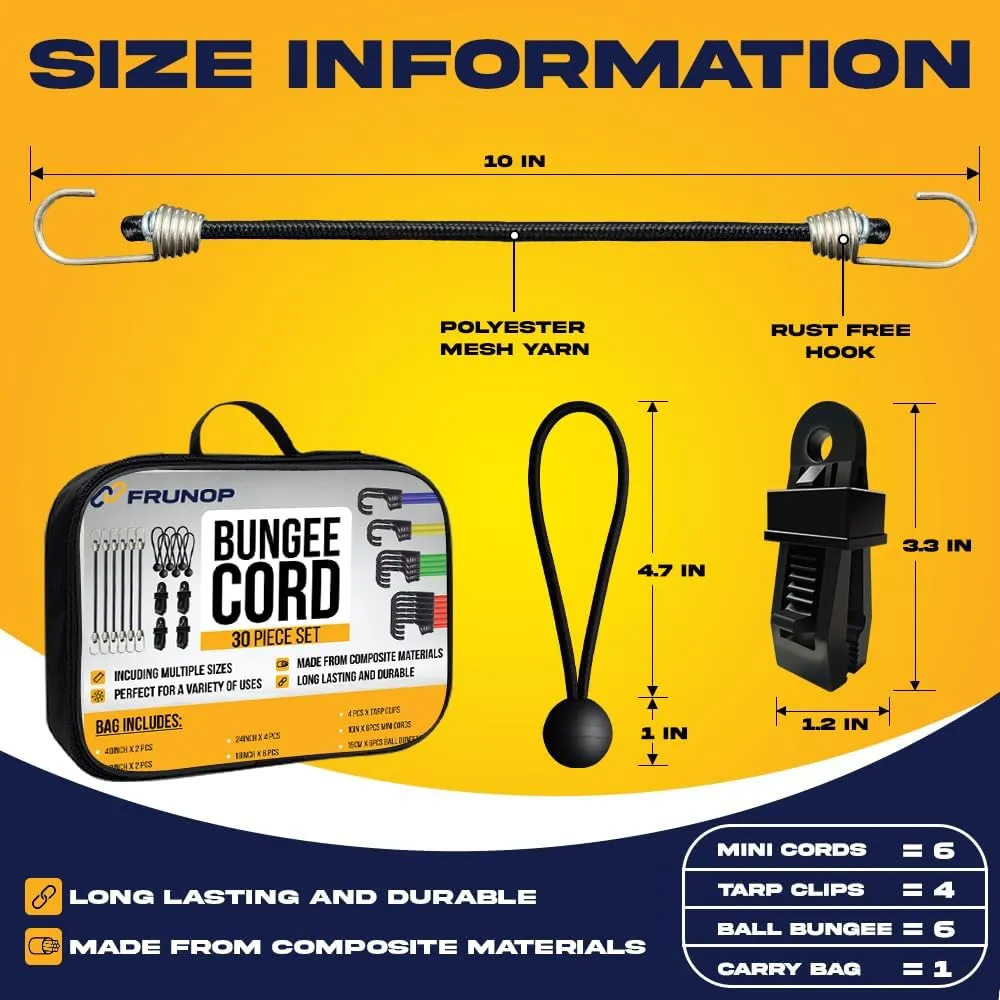 30-Piece Bungee Cord with Hooks – Includes 18", 24", 32", 40" Stretch Cords, 6 Ball Bungees, 4 Tarp Clips, 6 Mini Cords & Storage Bag – Ideal for Home, Garage & Outdoor Use