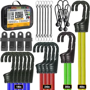 30-Piece Bungee Cord with Hooks – Includes 18", 24", 32", 40" Stretch Cords, 6 Ball Bungees, 4 Tarp Clips, 6 Mini Cords & Storage Bag – Ideal for Home, Garage & Outdoor Use