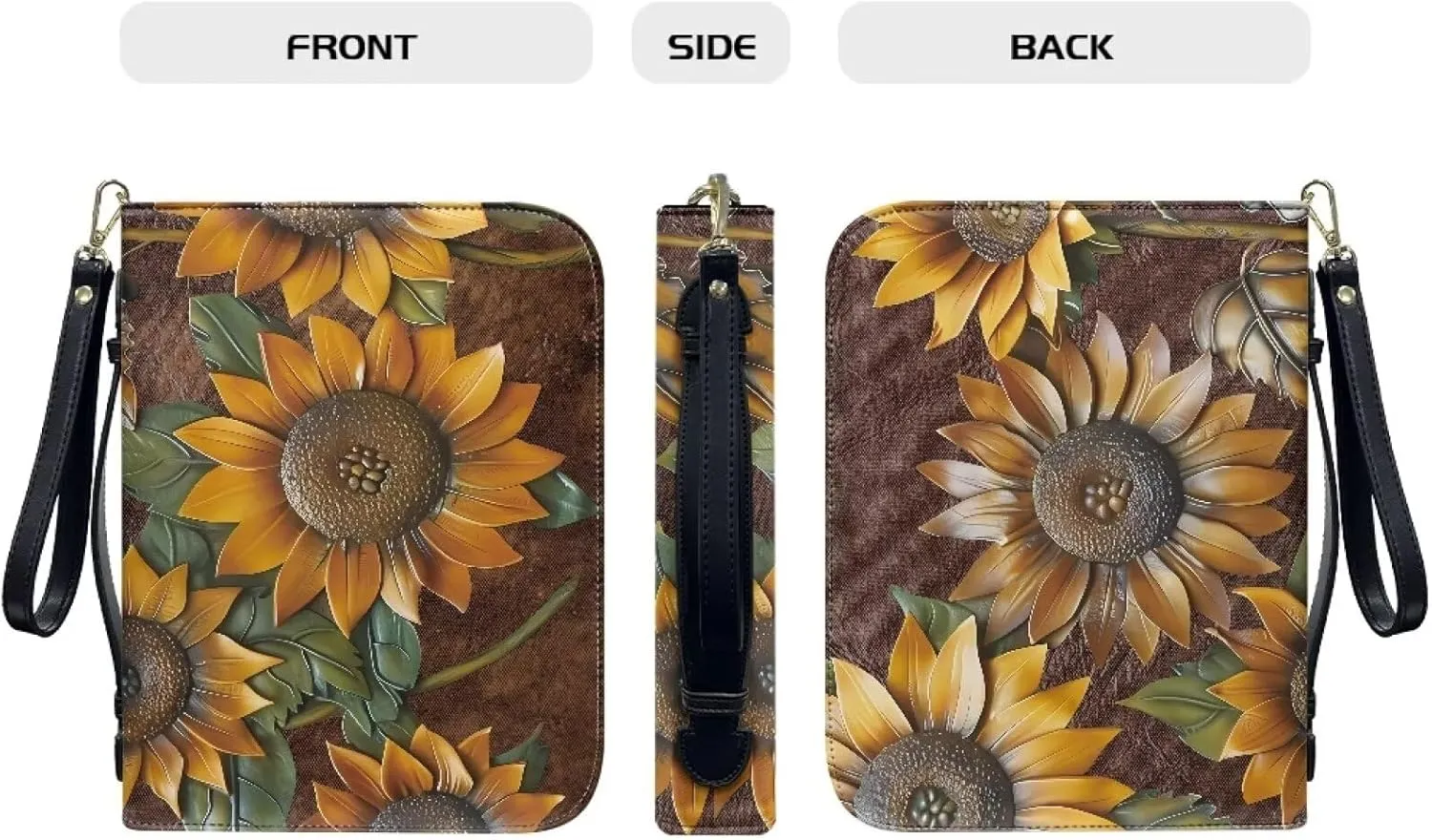 3D Sunflower Large Size Bible Cover Bible Bag for Women Leather Bible Case Bible Book Accessories with Zipper Pocket and Handle for Christian