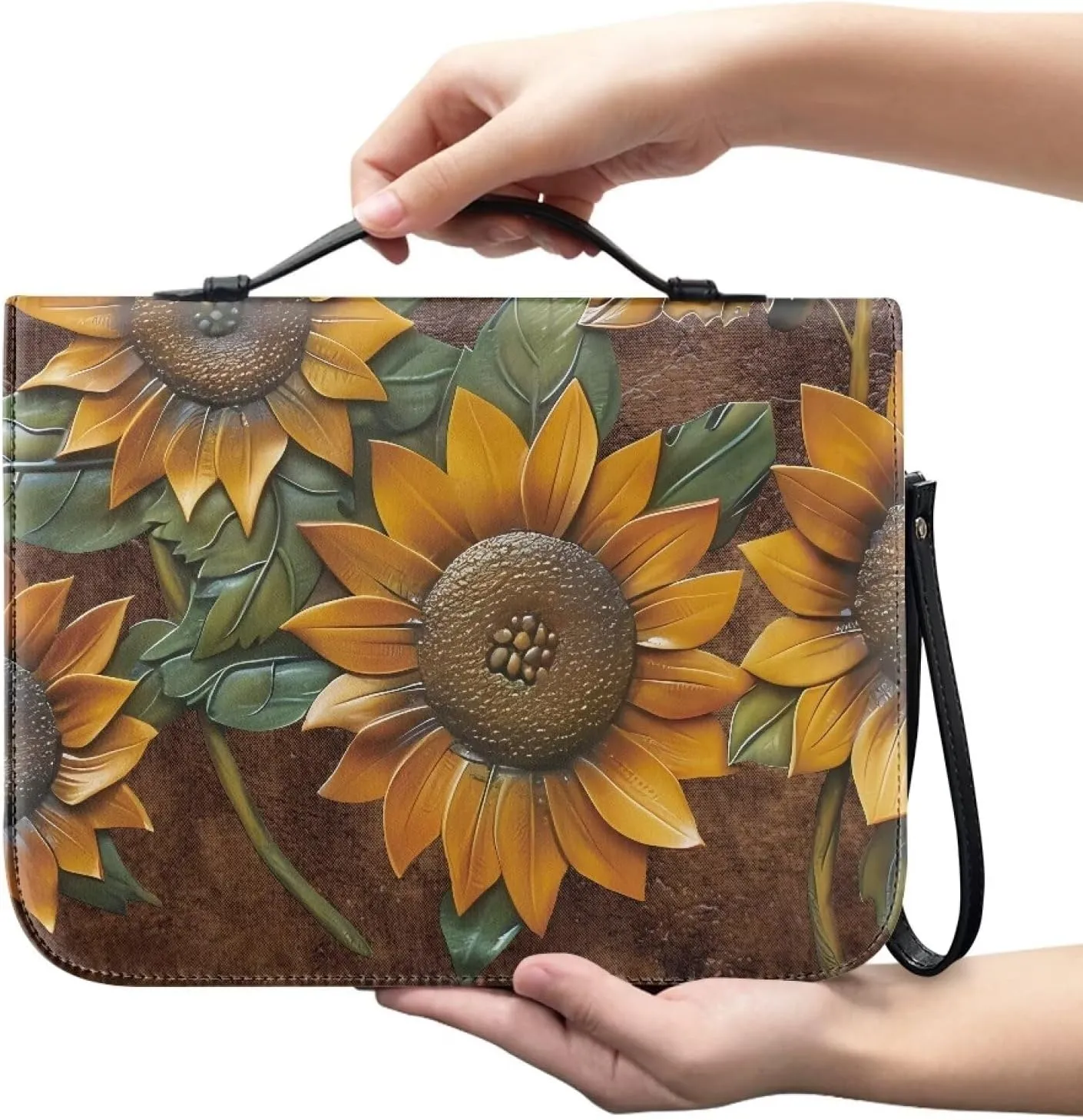 3D Sunflower Large Size Bible Cover Bible Bag for Women Leather Bible Case Bible Book Accessories with Zipper Pocket and Handle for Christian