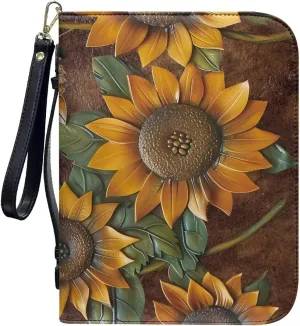 3D Sunflower Large Size Bible Cover Bible Bag for Women Leather Bible Case Bible Book Accessories with Zipper Pocket and Handle for Christian