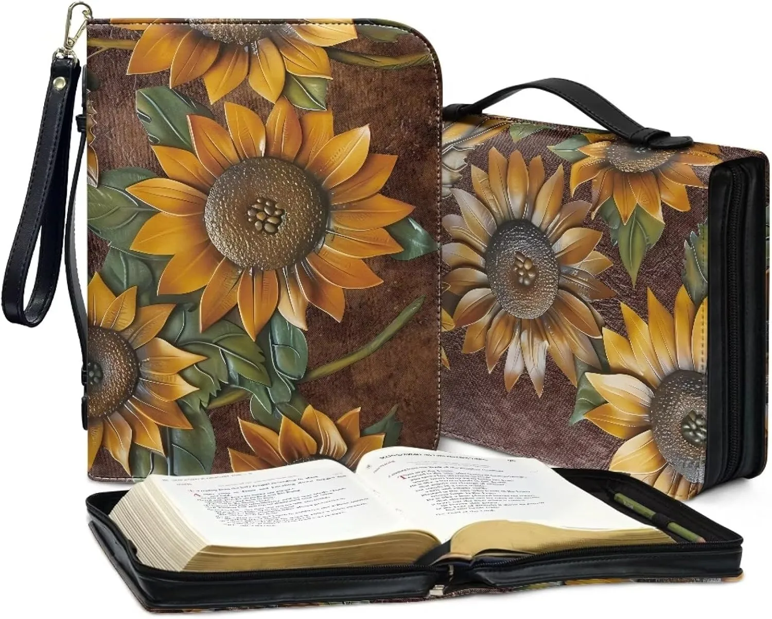 3D Sunflower Large Size Bible Cover Bible Bag for Women Leather Bible Case Bible Book Accessories with Zipper Pocket and Handle for Christian