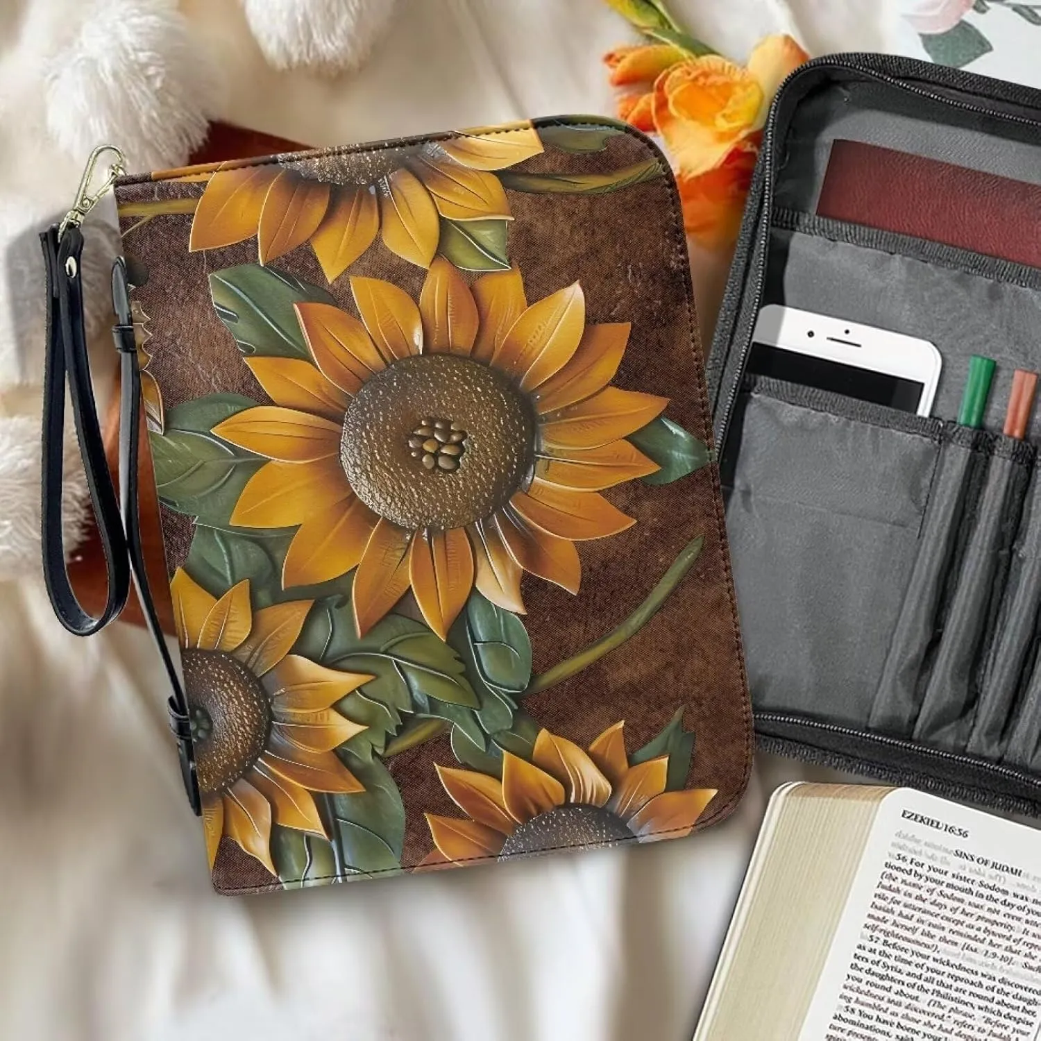 3D Sunflower Large Size Bible Cover Bible Bag for Women Leather Bible Case Bible Book Accessories with Zipper Pocket and Handle for Christian