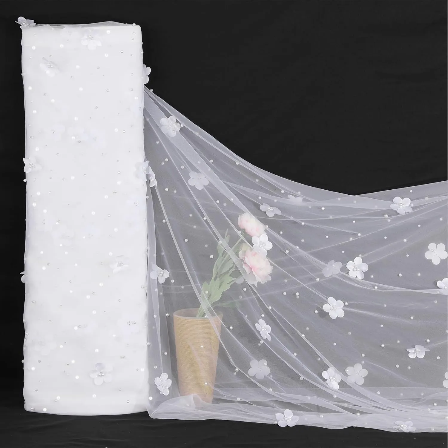 3D White Flower Pearl Tulle Fabric 3 Yard DIY Crafts Sheer Mesh Fabric for Romantic Wedding Table Decorations Wedding Clothes