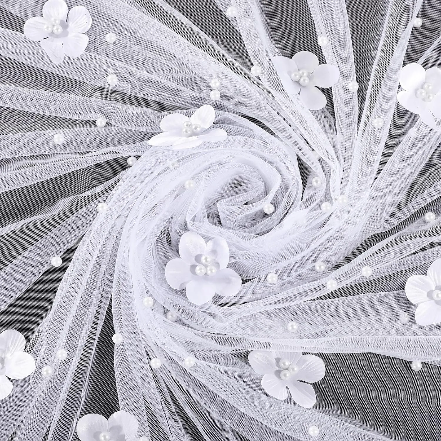 3D White Flower Pearl Tulle Fabric 3 Yard DIY Crafts Sheer Mesh Fabric for Romantic Wedding Table Decorations Wedding Clothes