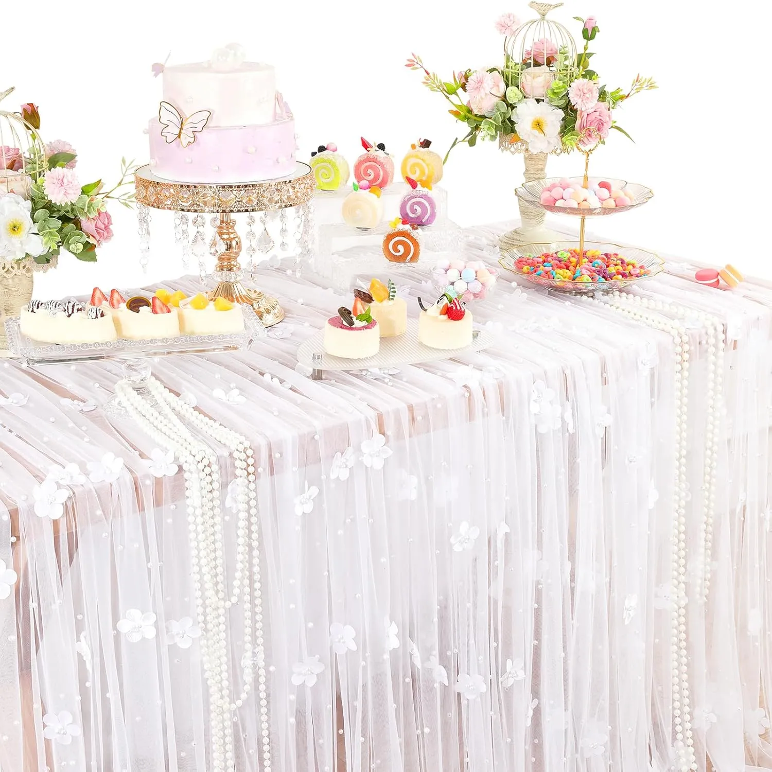 3D White Flower Pearl Tulle Fabric 3 Yard DIY Crafts Sheer Mesh Fabric for Romantic Wedding Table Decorations Wedding Clothes