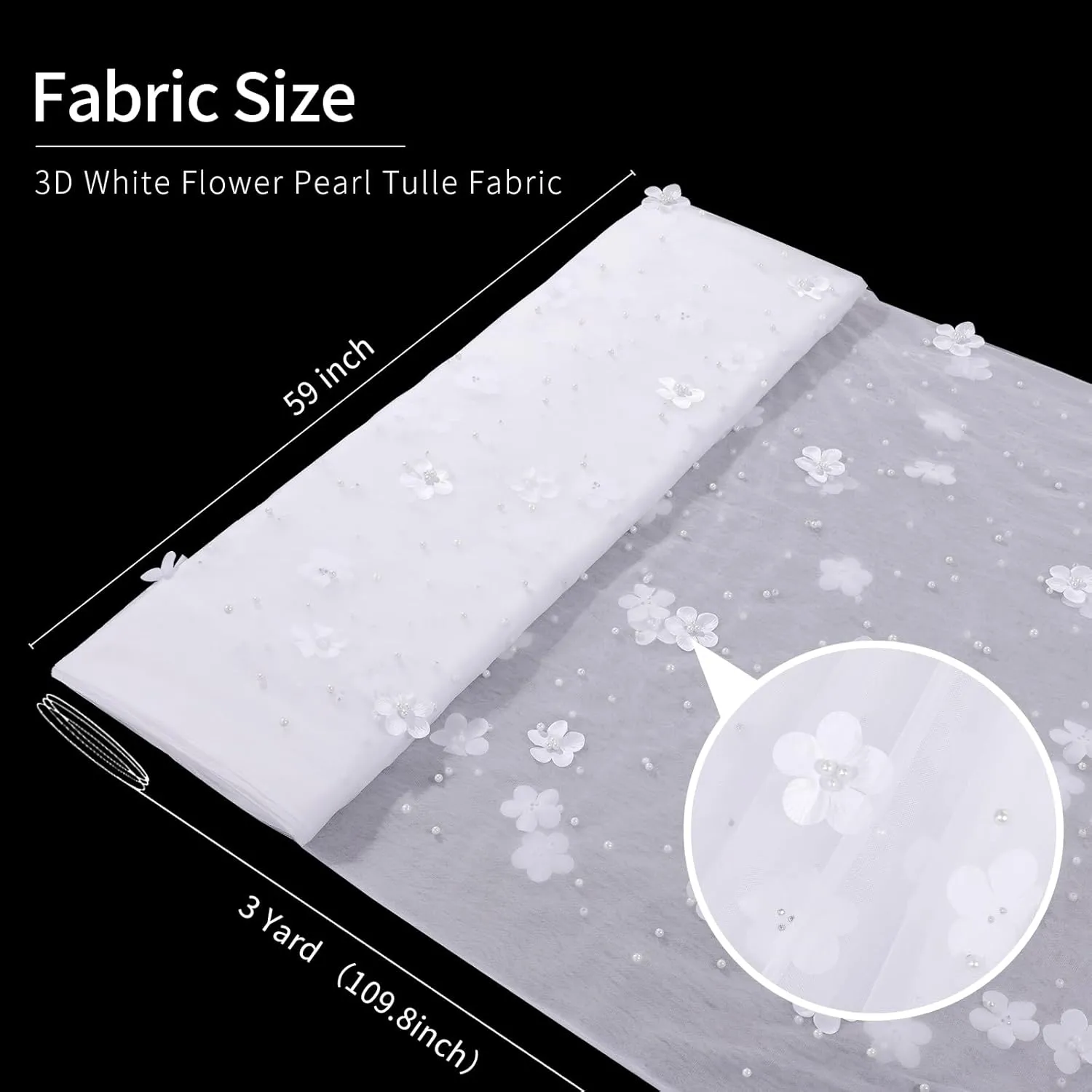 3D White Flower Pearl Tulle Fabric 3 Yard DIY Crafts Sheer Mesh Fabric for Romantic Wedding Table Decorations Wedding Clothes