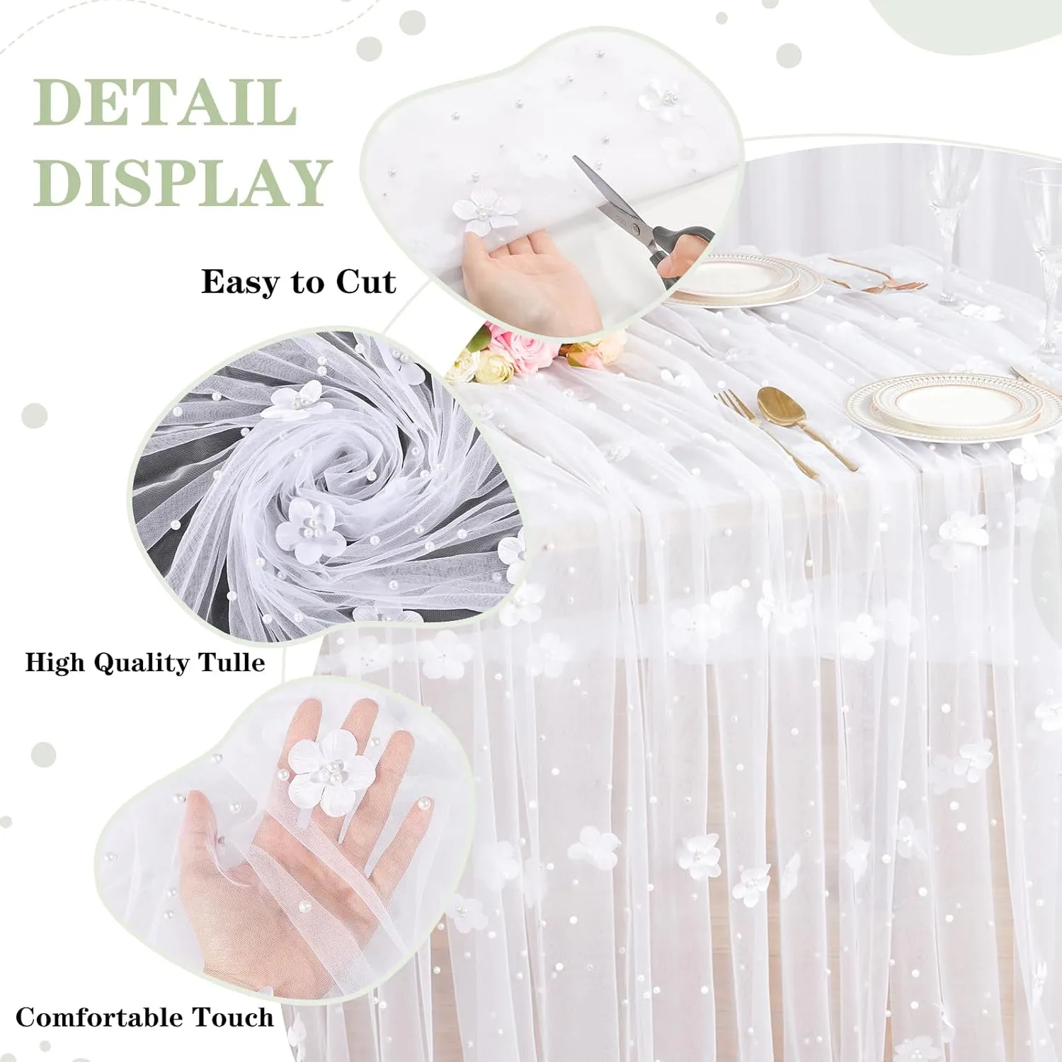 3D White Flower Pearl Tulle Fabric 3 Yard DIY Crafts Sheer Mesh Fabric for Romantic Wedding Table Decorations Wedding Clothes