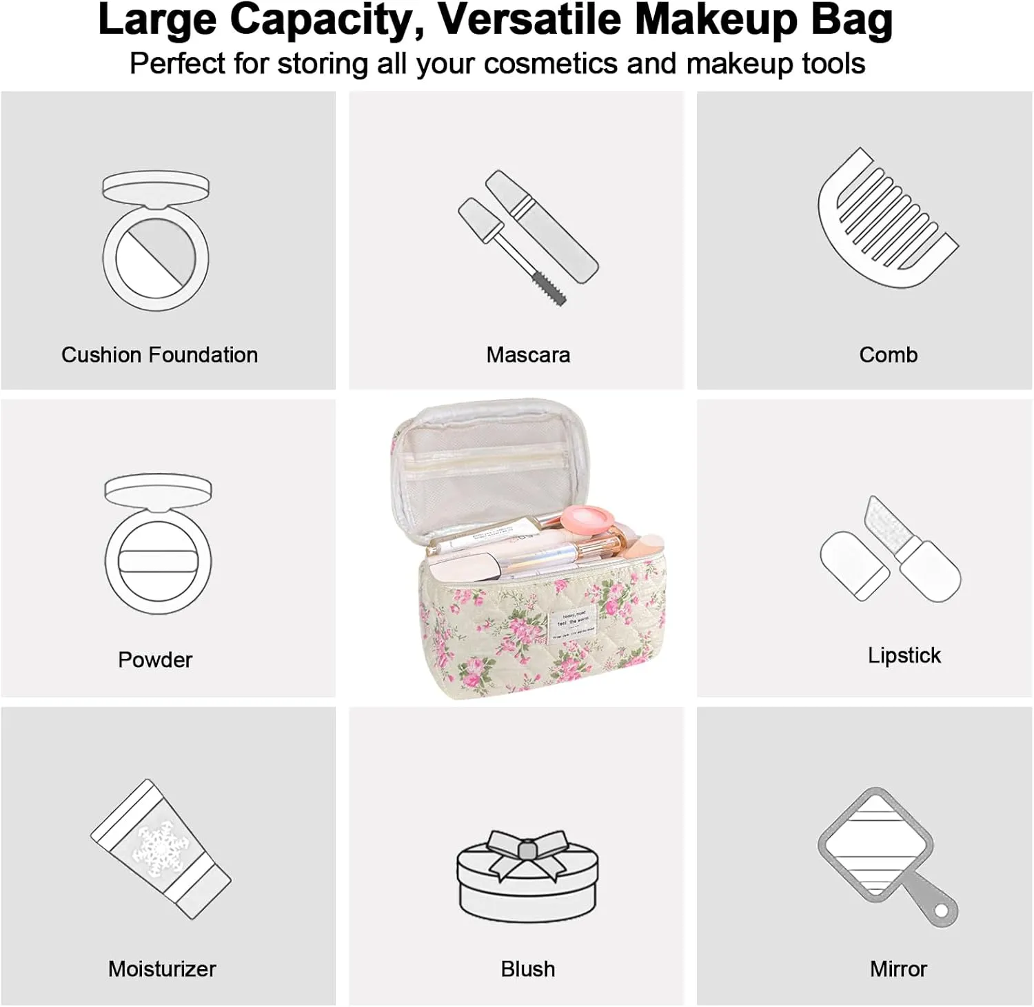 3Pcs Cotton Quilted Makeup Bag for Women Girls, Large Floral Cosmetic Bag Set Cute Makeup Brushes Aesthetic Accessories Storage Bag Pink Flower Travel Toiletry Bag Organizer