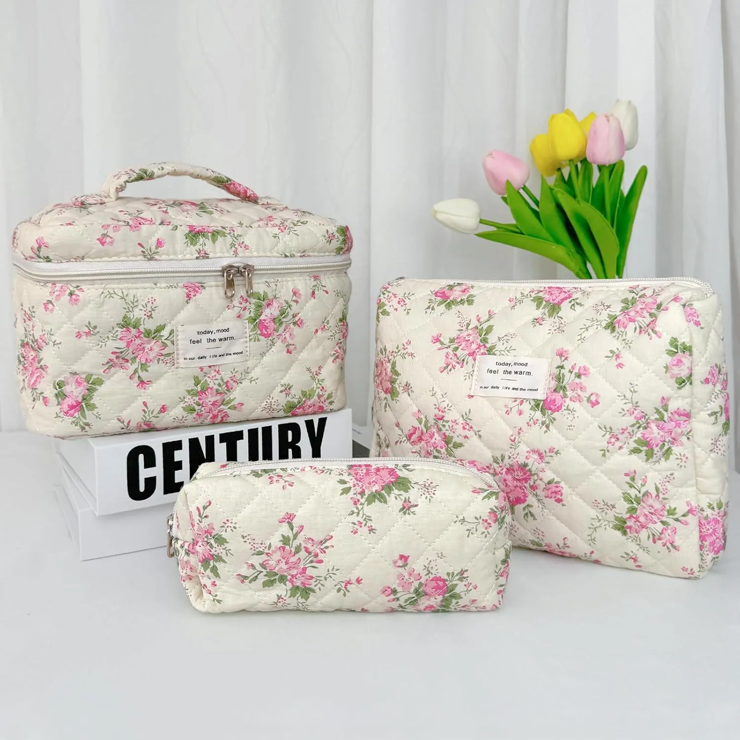 3Pcs Cotton Quilted Makeup Bag for Women Girls, Large Floral Cosmetic Bag Set Cute Makeup Brushes Aesthetic Accessories Storage Bag Pink Flower Travel Toiletry Bag Organizer