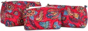 3Pcs Makeup Bag Cotton Quilted Travel Cosmetic Bag Cute Floral Makeup Pouch Large Toiletry Bag for Women Girls (Hot Pink)