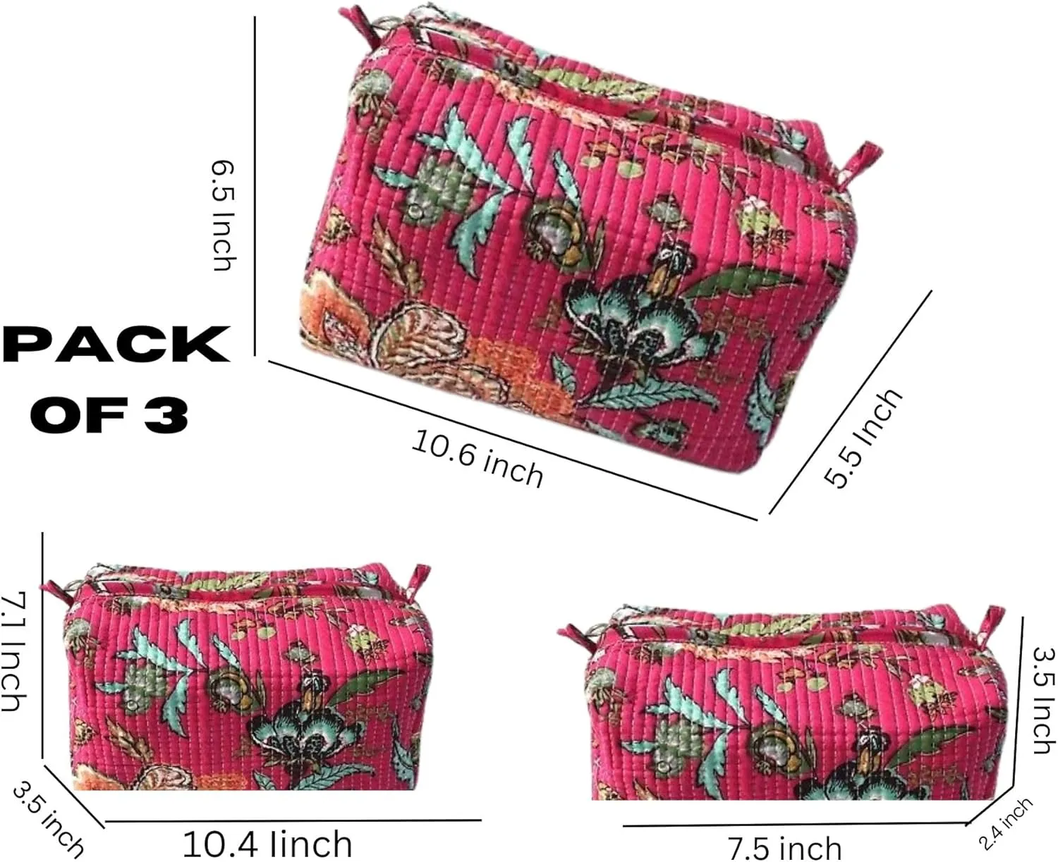 3Pcs Makeup Bag Cotton Quilted Travel Cosmetic Bag Cute Floral Makeup Pouch Large Toiletry Bag for Women Girls (Hot Pink)