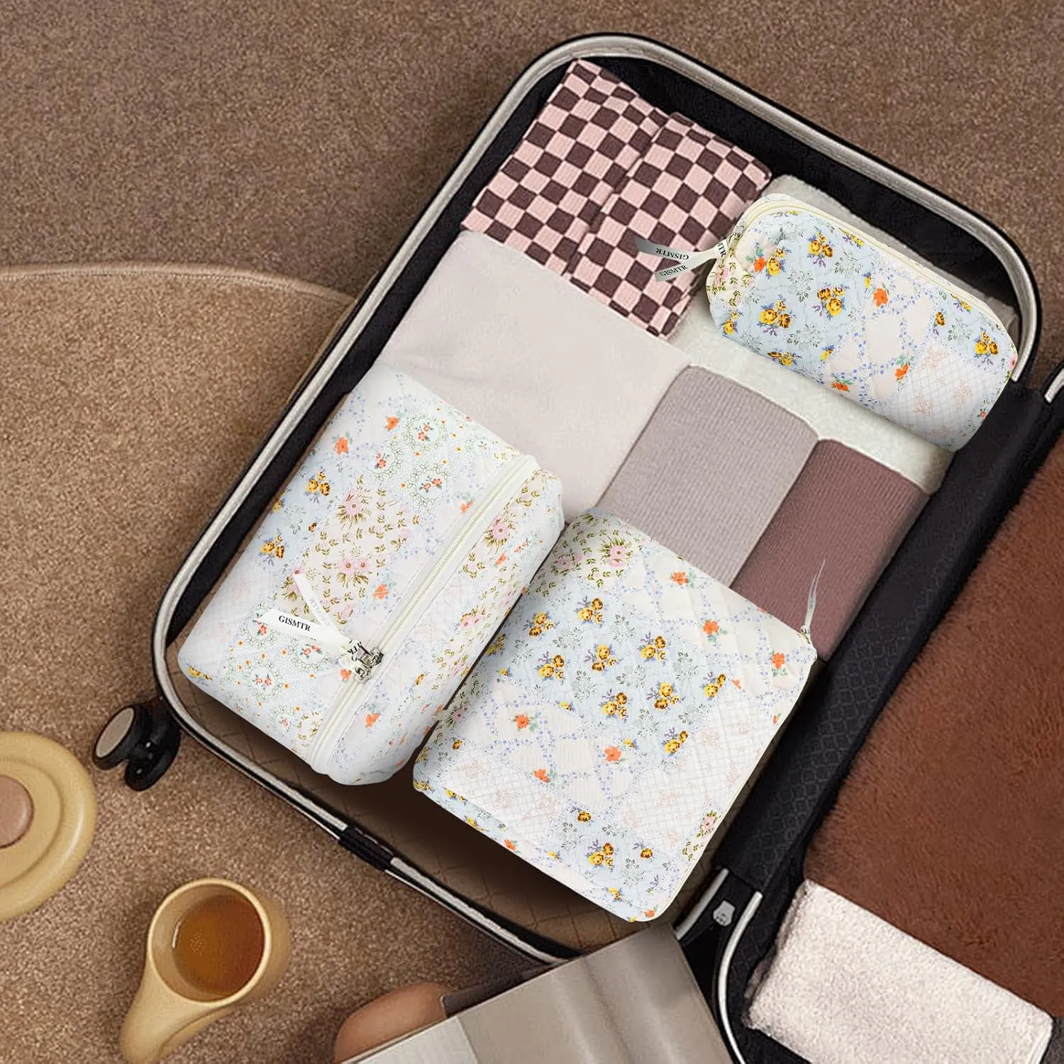 3PCS Makeup Bag Set, Cute Quilted Floral Cosmetic Bag, Large Travel Aesthetic Make up Bag, Coquette Makeup Pouch Toiletry Bag for Women Girls