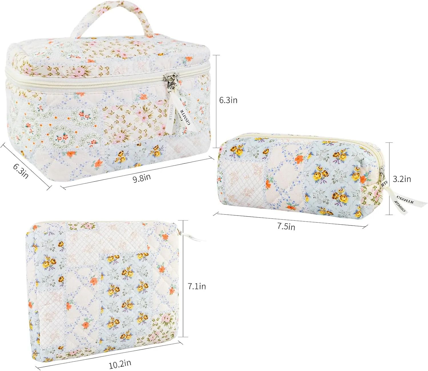 3PCS Makeup Bag Set, Cute Quilted Floral Cosmetic Bag, Large Travel Aesthetic Make up Bag, Coquette Makeup Pouch Toiletry Bag for Women Girls
