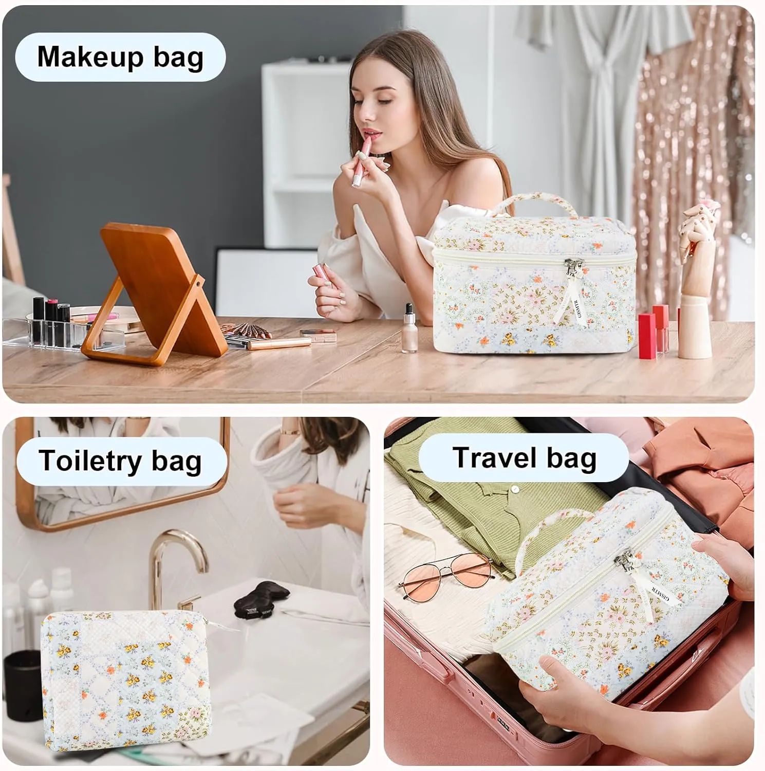 3PCS Makeup Bag Set, Cute Quilted Floral Cosmetic Bag, Large Travel Aesthetic Make up Bag, Coquette Makeup Pouch Toiletry Bag for Women Girls