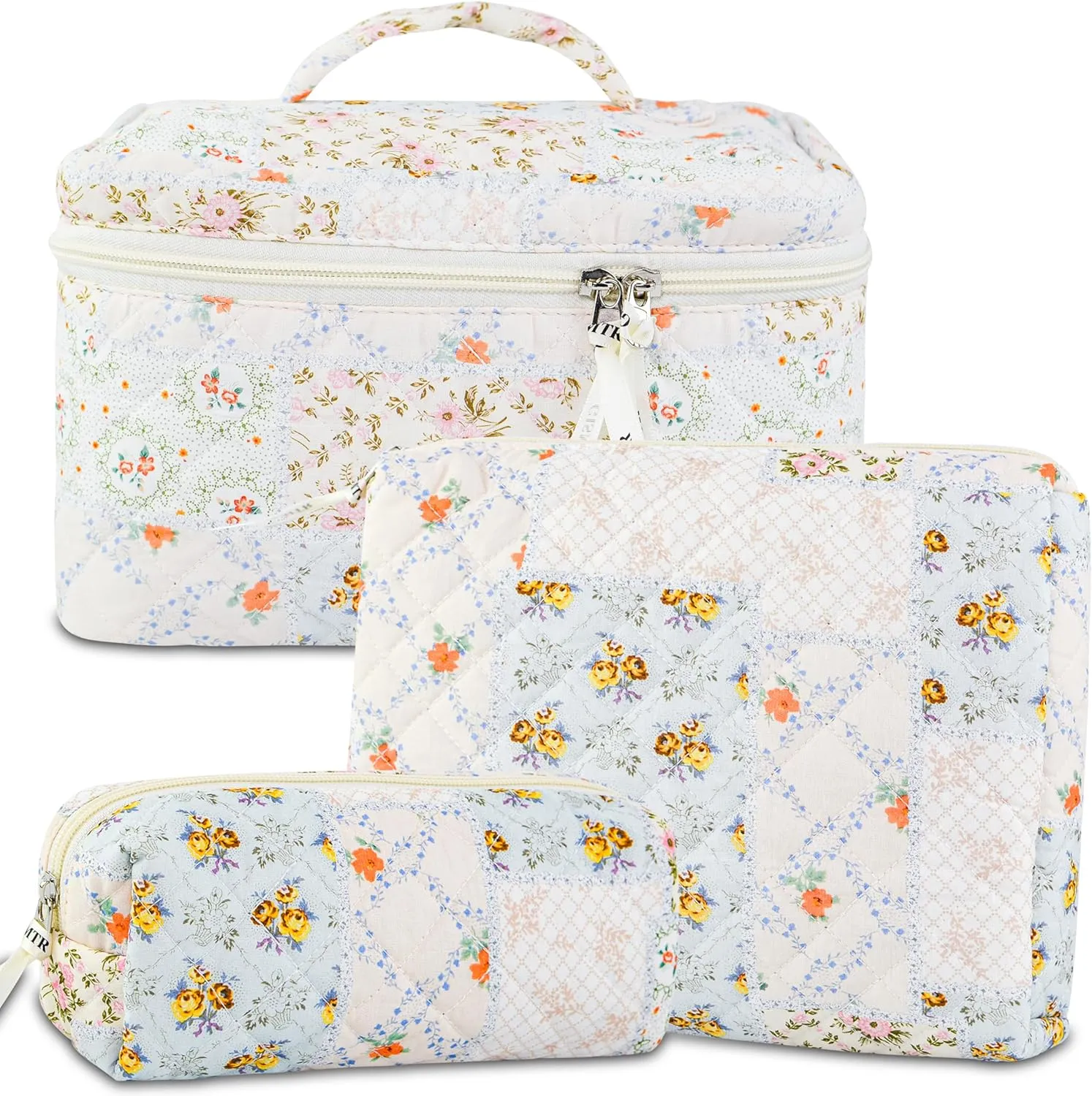 3PCS Makeup Bag Set, Cute Quilted Floral Cosmetic Bag, Large Travel Aesthetic Make up Bag, Coquette Makeup Pouch Toiletry Bag for Women Girls