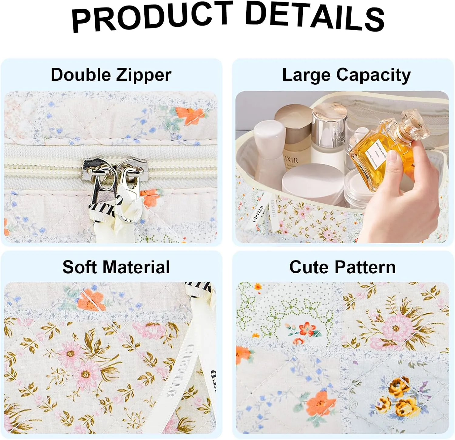 3PCS Makeup Bag Set, Cute Quilted Floral Cosmetic Bag, Large Travel Aesthetic Make up Bag, Coquette Makeup Pouch Toiletry Bag for Women Girls
