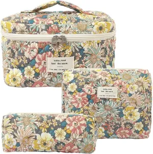 3PCS Makeup Bag Set Quilted Makeup Bags, Floral Cosmetic Bag for Women, Cute Cotton Makeup Bag, Flower Travel Toiletry Organizer Bag (South Twigs Flower)