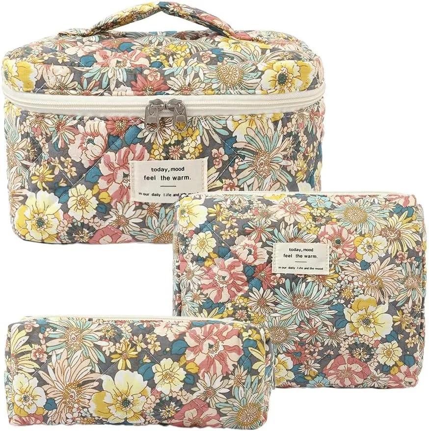 3PCS Makeup Bag Set Quilted Makeup Bags, Floral Cosmetic Bag for Women, Cute Cotton Makeup Bag, Flower Travel Toiletry Organizer Bag (South Twigs Flower)
