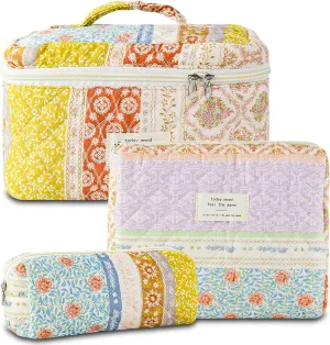 3Pcs Quilted Makeup Bag for Women, Large Travel Makeup Bag Set, Cute Aesthetic Cosmetic Bags, Floral Cotton Makeup Pouch Coquette Toiletry Organizer Bag