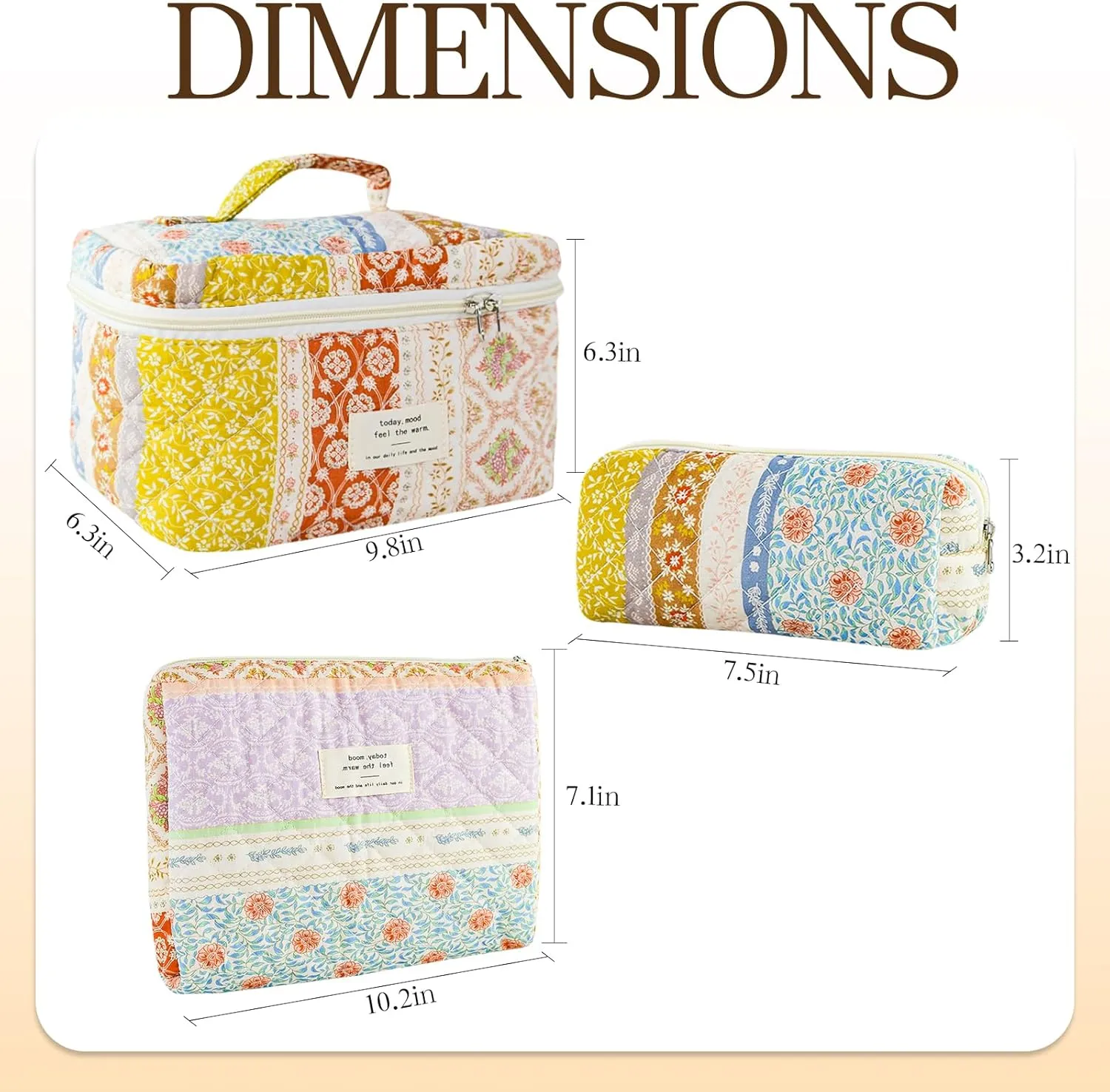 3Pcs Quilted Makeup Bag for Women, Large Travel Makeup Bag Set, Cute Aesthetic Cosmetic Bags, Floral Cotton Makeup Pouch Coquette Toiletry Organizer Bag
