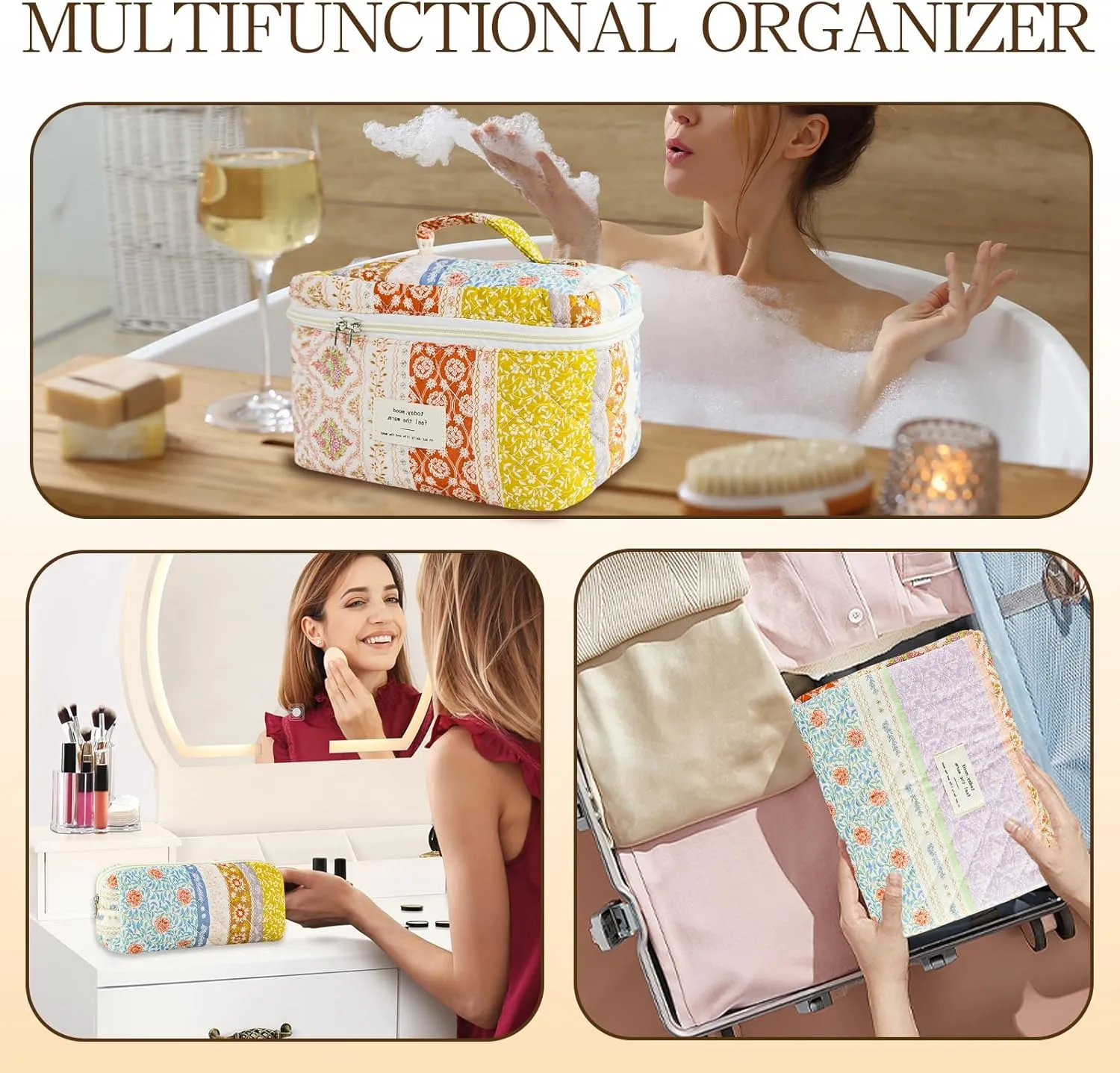 3Pcs Quilted Makeup Bag for Women, Large Travel Makeup Bag Set, Cute Aesthetic Cosmetic Bags, Floral Cotton Makeup Pouch Coquette Toiletry Organizer Bag