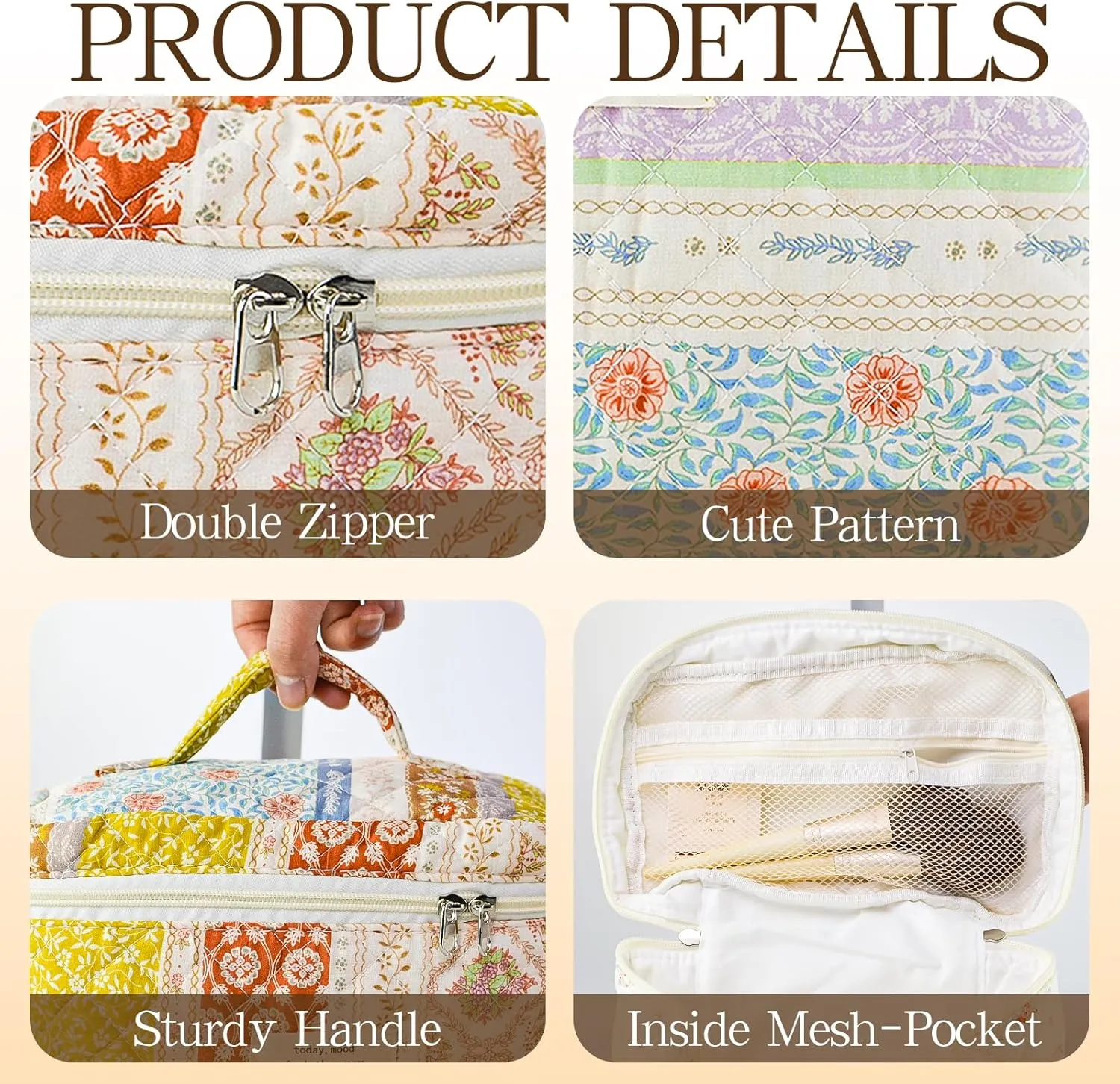 3Pcs Quilted Makeup Bag for Women, Large Travel Makeup Bag Set, Cute Aesthetic Cosmetic Bags, Floral Cotton Makeup Pouch Coquette Toiletry Organizer Bag