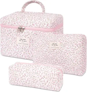 3PCS Quilted Makeup Bag Set, Cosmetic Pouch for Women, Travel Toiletry Bags with Zipper Closure, Coquette Floral Make up Organizers