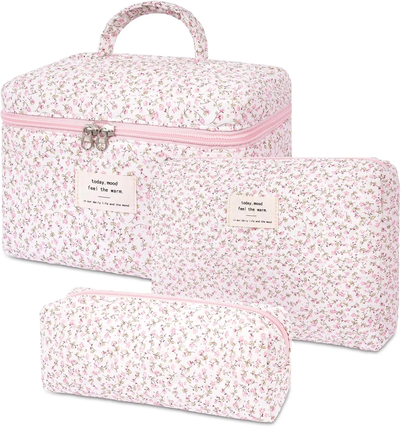 3PCS Quilted Makeup Bag Set, Cosmetic Pouch for Women, Travel Toiletry Bags with Zipper Closure, Coquette Floral Make up Organizers