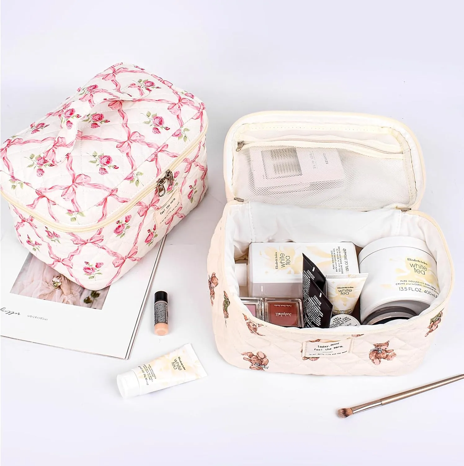 3PCS Quilted Makeup Bag Set, Cosmetic Pouch for Women, Travel Toiletry Bags with Zipper Closure, Coquette Floral Make up Organizers