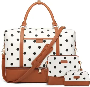 3Pcs Set Polka Dots Weekender Bags for Women Canvas Carry On Overnight Bag Travel Duffle Tote Bag for with Shoes Compartment, Brown