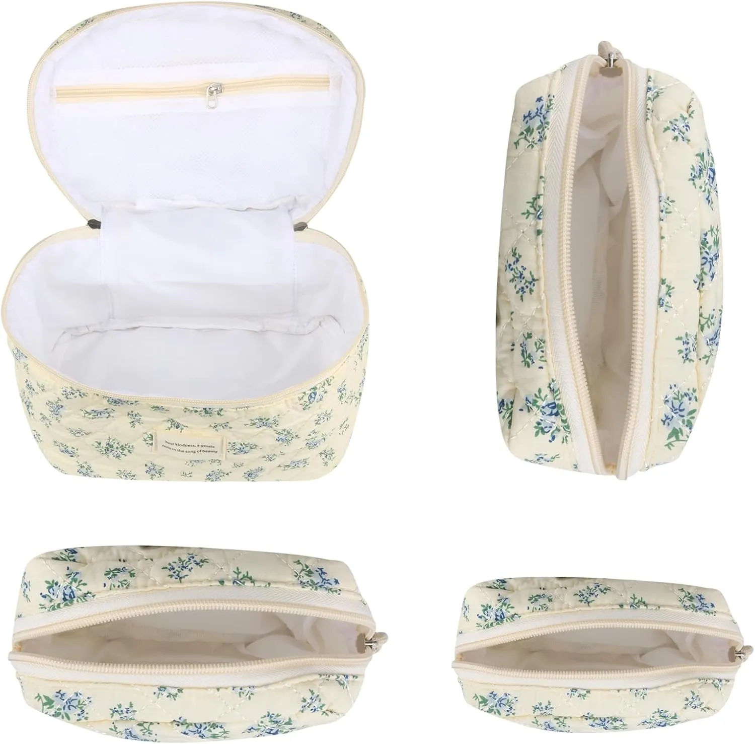 4Pcs Large Capacity Makeup Bag for Women, Cute Portable Quilted Coquette Aesthetic Floral Cosmetic Bag, Organizer Storage Travel Toiletry Bag (004-Blue Rose)
