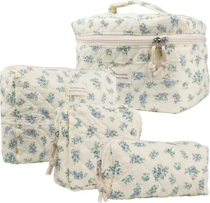 4Pcs Large Capacity Makeup Bag for Women, Cute Portable Quilted Coquette Aesthetic Floral Cosmetic Bag, Organizer Storage Travel Toiletry Bag (004-Blue Rose)