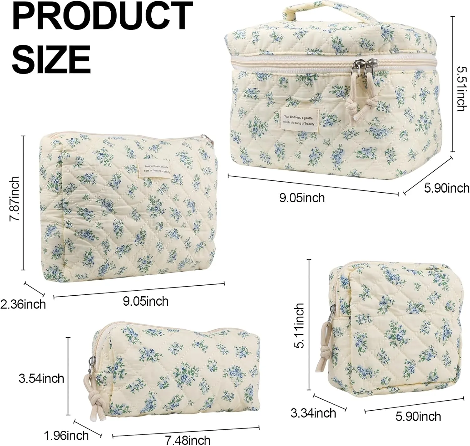 4Pcs Large Capacity Makeup Bag for Women, Cute Portable Quilted Coquette Aesthetic Floral Cosmetic Bag, Organizer Storage Travel Toiletry Bag (004-Blue Rose)