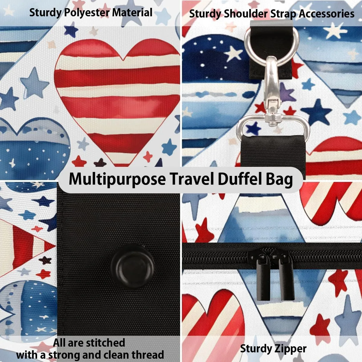 4th of July Heart Travel Duffle Bag for Women Men Gym Duffel Foldable Bag Waterproof Weekender America Memorial Day Duffle Tote
