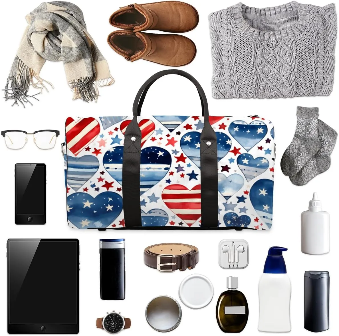 4th of July Heart Travel Duffle Bag for Women Men Gym Duffel Foldable Bag Waterproof Weekender America Memorial Day Duffle Tote