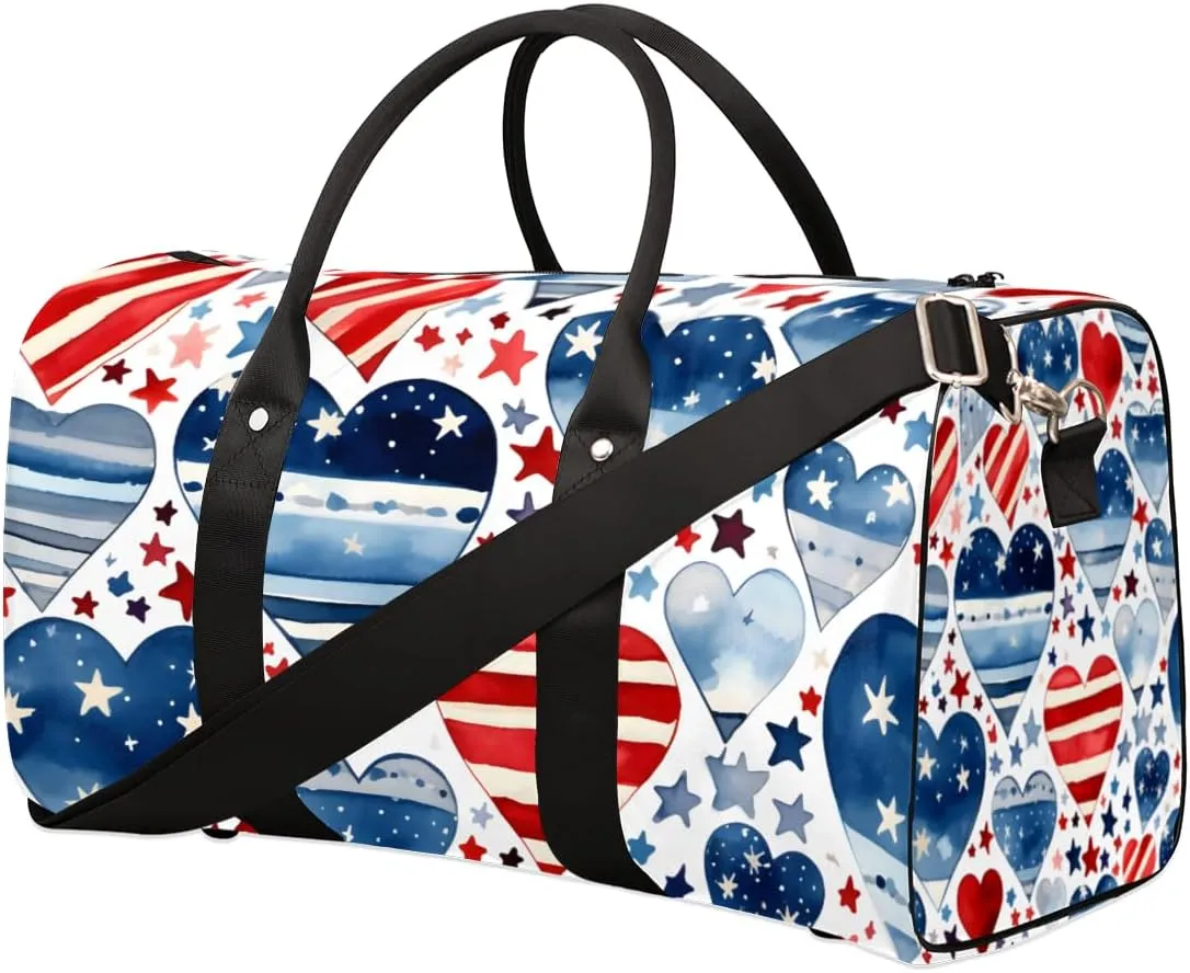 4th of July Heart Travel Duffle Bag for Women Men Gym Duffel Foldable Bag Waterproof Weekender America Memorial Day Duffle Tote