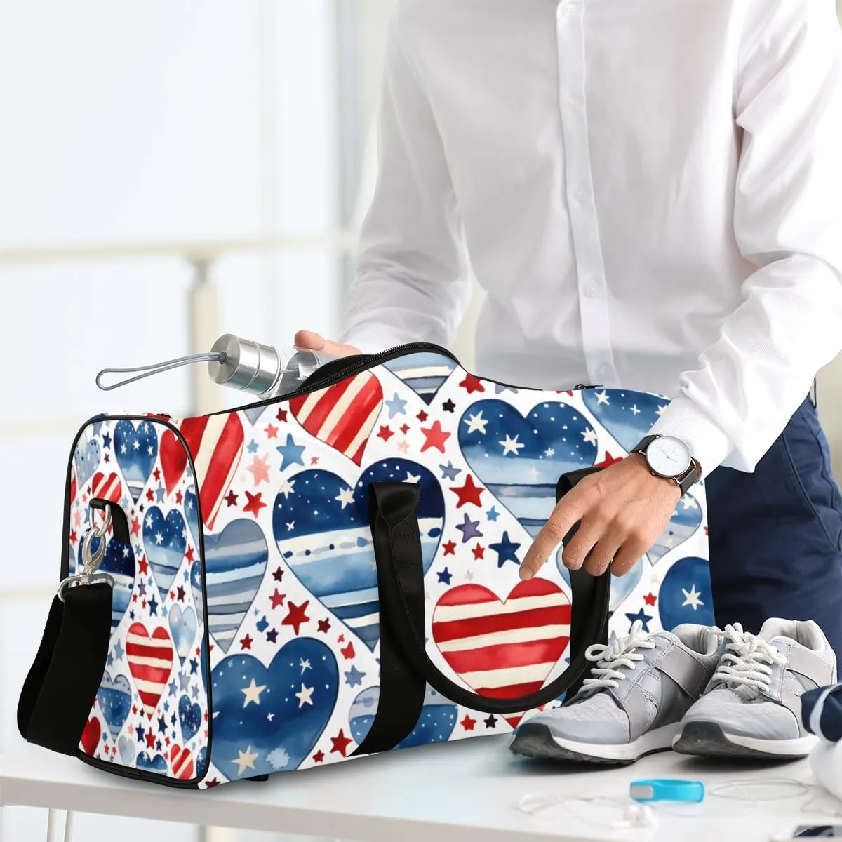 4th of July Heart Travel Duffle Bag for Women Men Gym Duffel Foldable Bag Waterproof Weekender America Memorial Day Duffle Tote