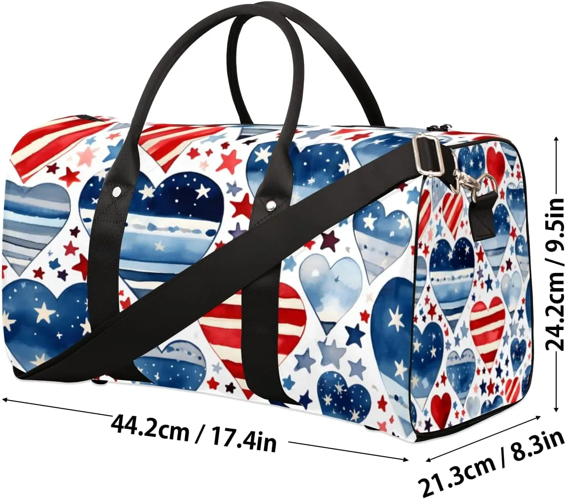 4th of July Heart Travel Duffle Bag for Women Men Gym Duffel Foldable Bag Waterproof Weekender America Memorial Day Duffle Tote