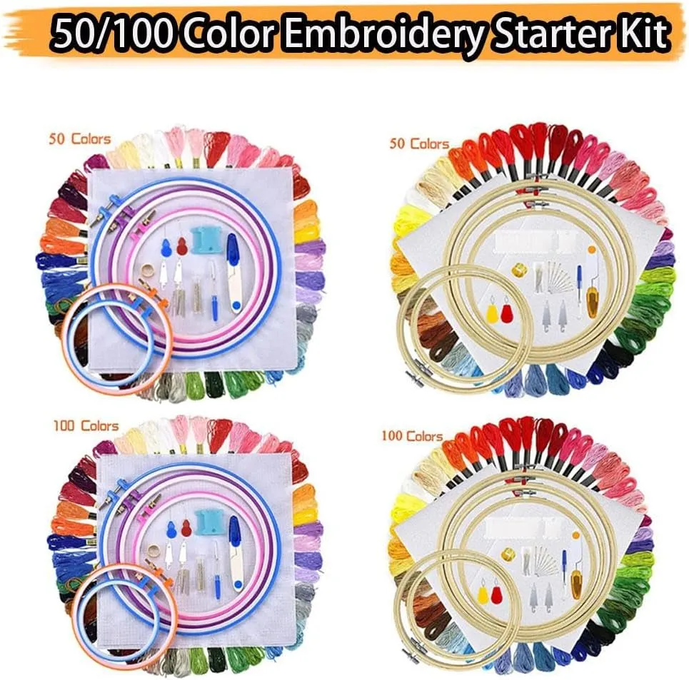 (5 bamboo circles  100 color thread) Cross Stitch Kit, 50/100 Skeins Rainbow Color Embroidery Threads, Craft Bracelet Threads, Embroidery Floss with Needles and Bobbins