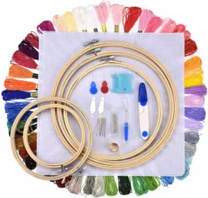 (5 bamboo circles  100 color thread) Cross Stitch Kit, 50/100 Skeins Rainbow Color Embroidery Threads, Craft Bracelet Threads, Embroidery Floss with Needles and Bobbins