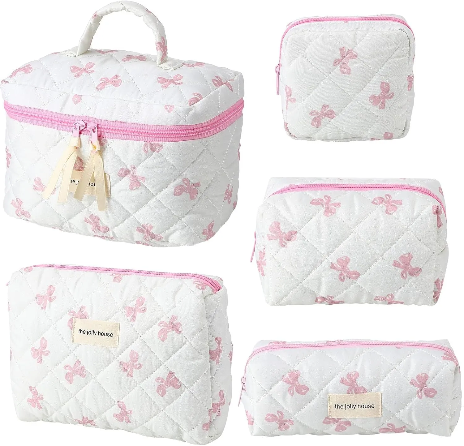 5 PCS Bow Makeup Bag Set for Women Coquette Cosmetic Makeup Bag Cute Floral Cotton Makeup Bag Bow Makeup Bag Large Aesthetic Makeup Bag Set For Women Girls (Pink Bow)